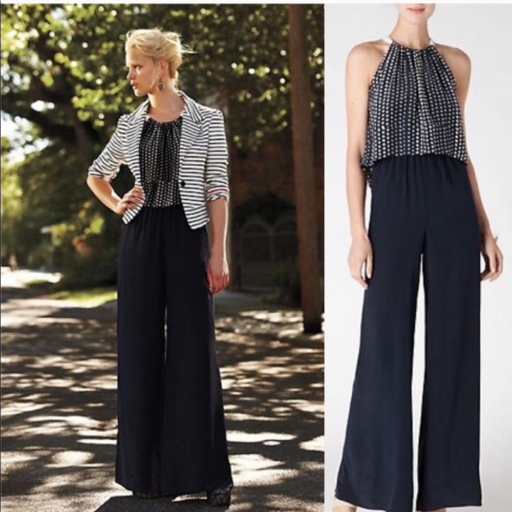 Anthropologie silk navy polka dot jumpsuit small